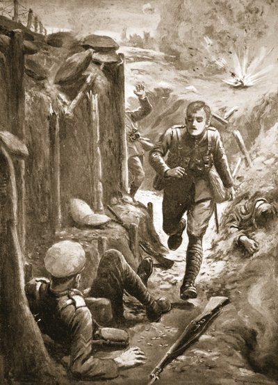 Sergeant Tuersley running to assist a wounded Corporal half of whose leg had been blown off by a shell by George Derville Rowlandson